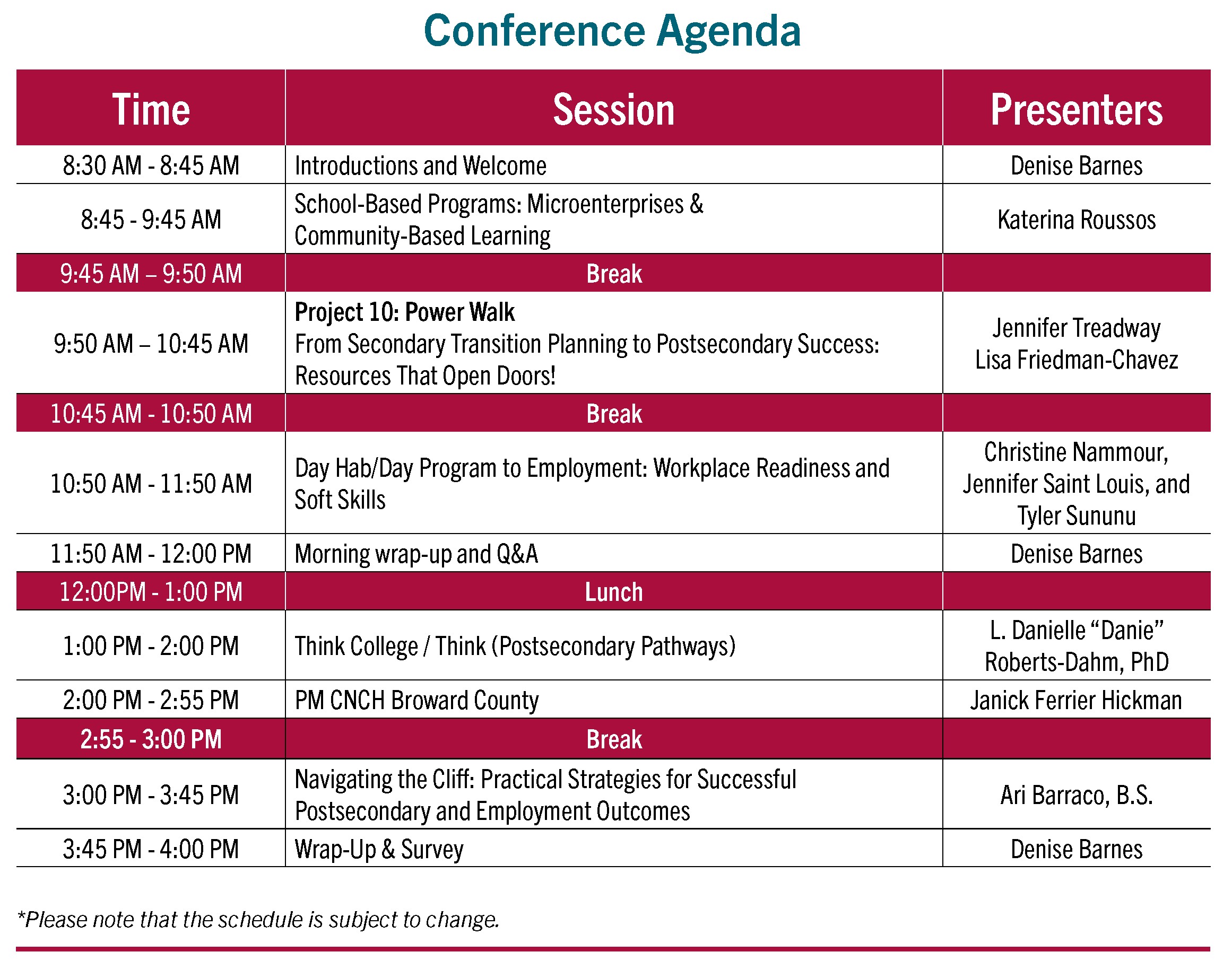 Conference Agenda
Time	Session
8:30 AM - 8:45 AM	Introductions and Welcome
8:45 - 9:45 AM 	School‑Based Programs: Microenterprises & 
Community‑Based Learning 
9:45 AM − 9:50 AM 	Break
9:50 AM − 10:45 AM 	Project 10: Power Walk
From Secondary Transition Planning to Postsecondary Success: Resources That Open Doors! 
10:45 AM - 10:50 AM	Break
10:50 AM - 11:50 AM 	Day Hab / Day Program/Employment - Respect/MTC/ARC/Workplace readiness and soft skills
11:50 AM - 12:00 PM	Morning wrap-up and Q&A
12:00PM - 1:00 PM	Lunch
1:00 PM - 2:00 PM	Think College / Think (Postsecondary Pathways)
2:00 PM - 3:00 PM	PM CNCH Broward County
3:00 PM - 3:45 PM	Work Readiness for Youth with IDD in Florida - LAUNCH
3:45 PM - 4:00 PM	Wrap‑Up, Survey, & CEUs
*Please note that the schedule is subject to change.

